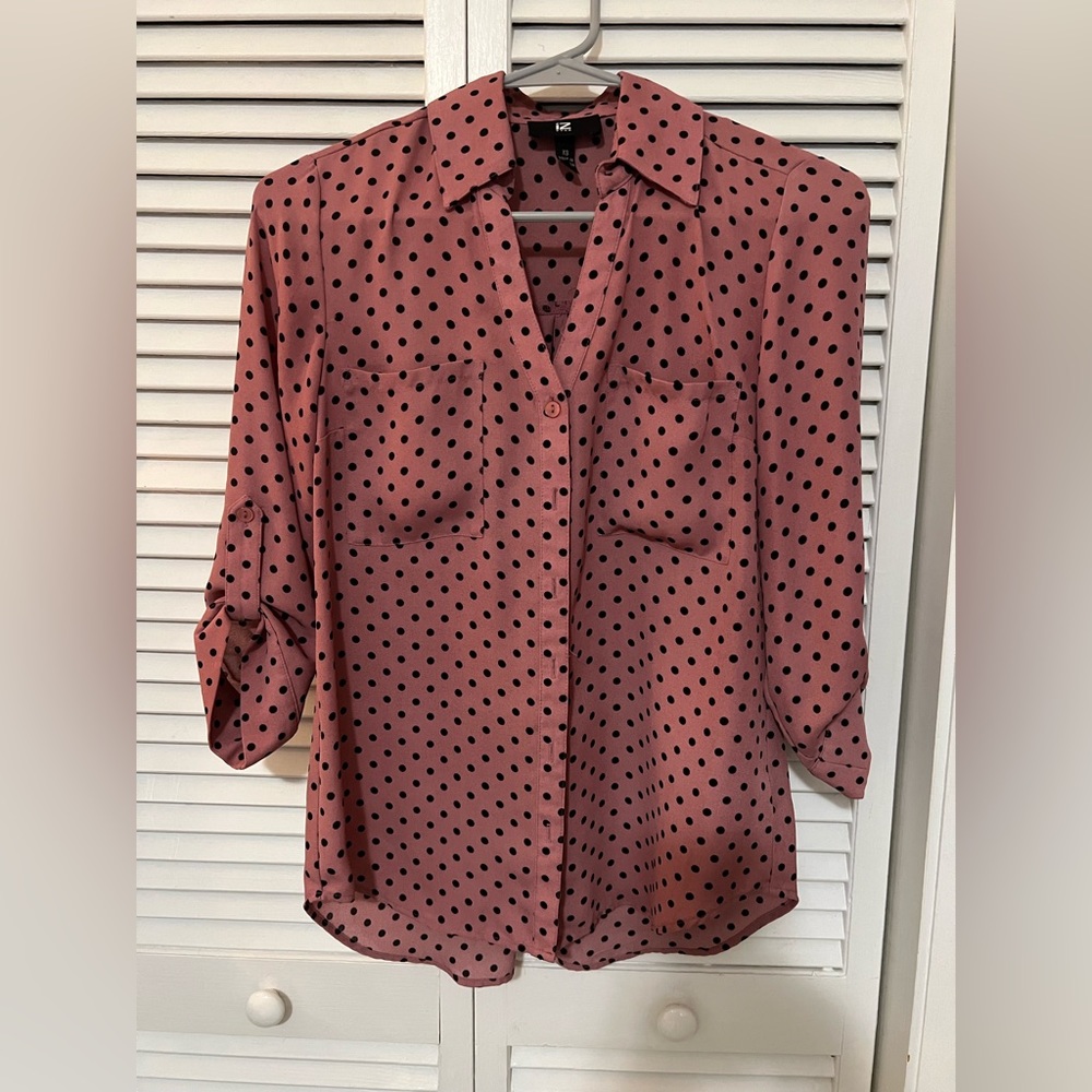 IZ Byer Polka Dot Button Up Pink and Black XS